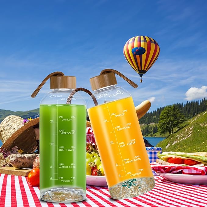 Crazy Music 32 oz Clear Glass Water Bottles,Reusable Glass Juicing Bottles with Bamboo Leak Proof Lids -Sports Water Bottle with Time Marker for Gym, Sports, Outdoors(Green RosesTheme)