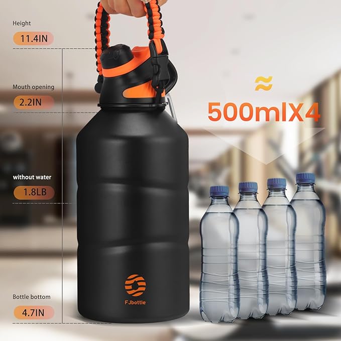 Insulated Half Gallon Water Bottle 64oz with Magnetic Lid,Stainless Steel Double-Wall Vacuum Leak Proof Sports Insulated Jug with Paracord Handle, Keep Water Hot & Cold for Outdoor,Gym