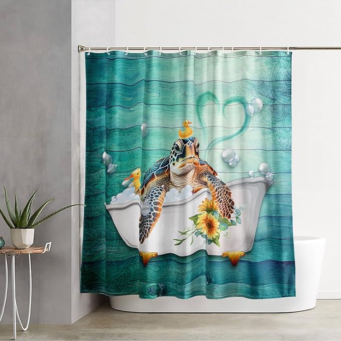 AILONEN Cute Sea Turtle Shower Curtain Set for Bathroom,Cartoon Funny Bathtub Turtle Bath Curtain,Sunflower Theme Waterproof Fabric Shower Curtain with Hooks,60" W*72" H
