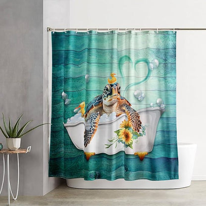 AILONEN Cute Sea Turtle Shower Curtain Set for Bathroom,Cartoon Funny Bathtub Turtle Bath Curtain,Sunflower Theme Waterproof Fabric Shower Curtain with Hooks,60" W*72" H