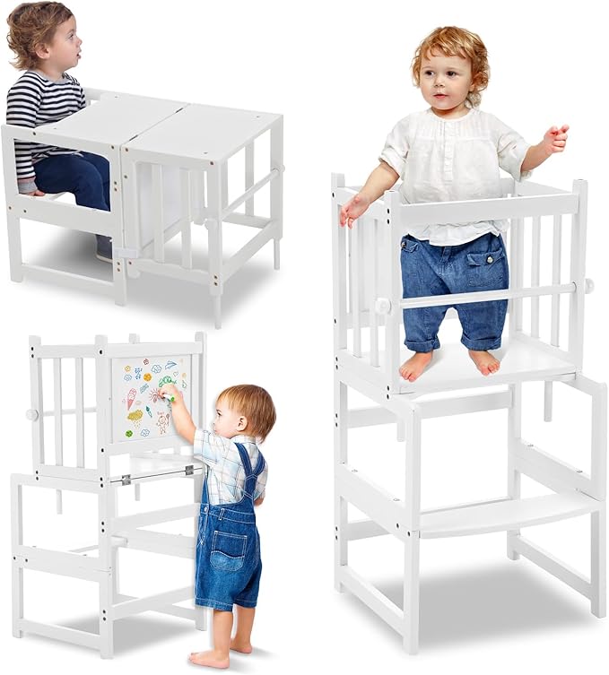 COSYLAND 3-in-1 Multifunctional Toddler Standing Tower, Kids Kitchen Step Stool with Whiteboard, Desk Table and Chair, Enjoys Unique Patented Design,FSC,CPC,SOR,CE,White