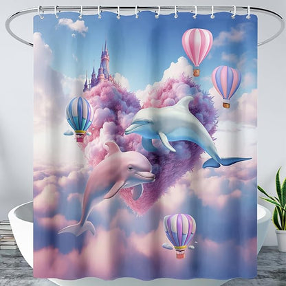 AILONEN Cute Dolphin Shower Curtain,Romantic Pink Sky Clouds Hearts Print Bath Curtain,Blue and Pink Dolphin Shower Curtain Waterproof for Bathroom Decor with 12 Plastic Hooks, 36" W*72" H