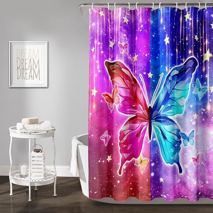 AILONEN Butterfly Shower Curtain,Red and Blue Butterfly Bath Curtain,Tie Dye Starry Rainbow Modern Decorative Shower Curtain with 12 Plastic Hooks (Kids/Girls/Women/Teen/) 36" W*72" H