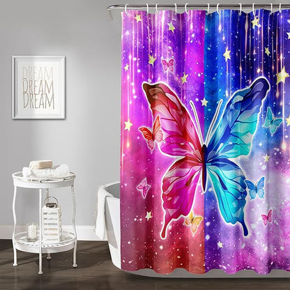 AILONEN Butterfly Shower Curtain,Red and Blue Butterfly Bath Curtain,Tie Dye Starry Rainbow Modern Decorative Shower Curtain with 12 Plastic Hooks (Kids/Girls/Women/Teen/) 36" W*72" H