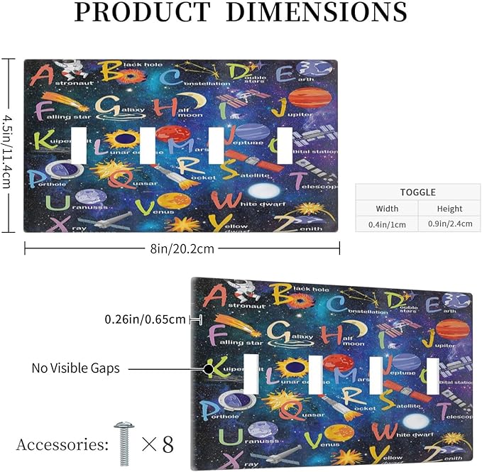 ABC Outer Space Quad Toggle Light Switch Cover Decorative Alphabet Galaxy Boys Educational 4 Gang Wall Plate Electrical Faceplate Switchplate for Kidroom Nursery Boyroom Living Room Decor