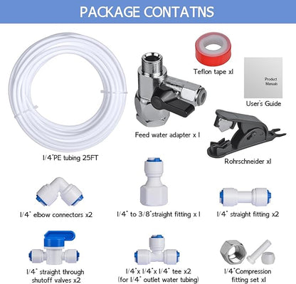 32.8ft Refrigerator Water Line Kit, 1/4 Compression Ice Maker Installation Kit, 1/4" OD Water Line Kit with Quick Connect and Feed Water Adapter Fittings for RO System Water Filter Fridge Ice Maker
