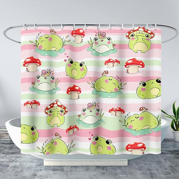 AILONEN Cute Frog Shower Curtain, Cartoon Mushroom Frog Printed Shower Curtain, 72" W*72" H Waterproof Green Wild Animals Kawaii Curtain with Grommets and 12 Hooks