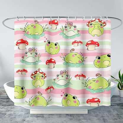 AILONEN Cute Frog Shower Curtain, Cartoon Mushroom Frog Printed Shower Curtain, 72" W*84" H Waterproof Green Wild Animals Kawaii Curtain with Grommets and 12 Hooks