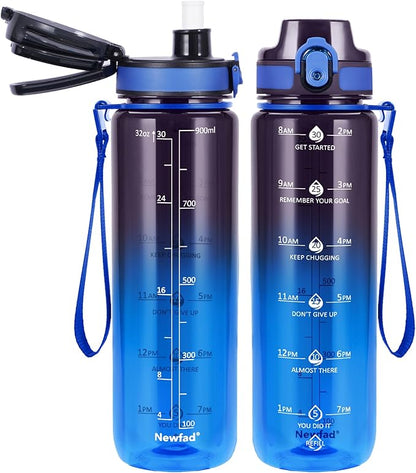 32 oz Water Bottle with Detachable Straw, Clear Motivational Water Bottles with Time to Drink, Tritan & BPA Free Sports Water Jug with Time Marker, Upgraded handle design