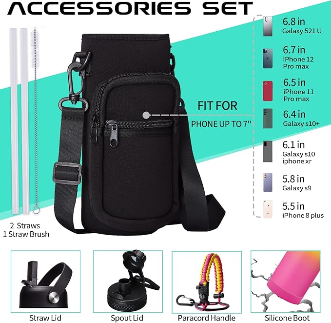 40OZ Insulated Stainless-Steel Water Bottle - Reusable Metal Water Bottles with Straw & Spout Lids, Paracord Handle & Bottle Carrier Pouch, Leakproof Workout Water Bottle Flask for Women Men