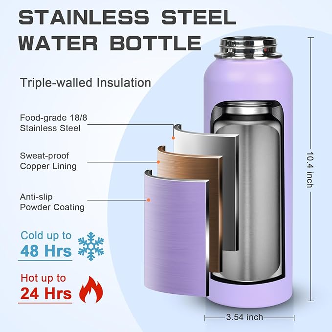40 oz Insulated Water Bottle with Straw& Spout 2-in-1 Lid, Triple Wall Vacuum Stainless Steel Cold 48H, Leak Proof Sports Metal Flask Jug with Paracord Handle, Purple
