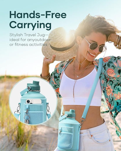 64 oz Insulated Water Bottle BUZIO Half Gallon Stainless Steel Water Jug with Carrying Pouch and Straw Lid, Keep Cold 48h Lead-Free Double Wall Vacuum Sports Flask Metal Canteen for Gym Camping, Green