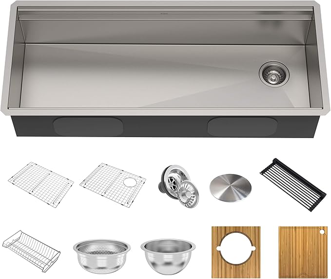 KRAUS KWU120-45 Kore 2-Tier Workstation 45-inch Undermount 16 Gauge Single Bowl Stainless Steel Kitchen Sink with Integrated 2-Step Ledge and Accessories (Pack of 10)