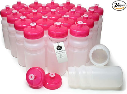 Rolling Sands 20 Ounce Sports Water Bottles 24 Pack, BPA-Free, Made in USA, Dishwasher Safe, Clear Frost Bottles/Pink