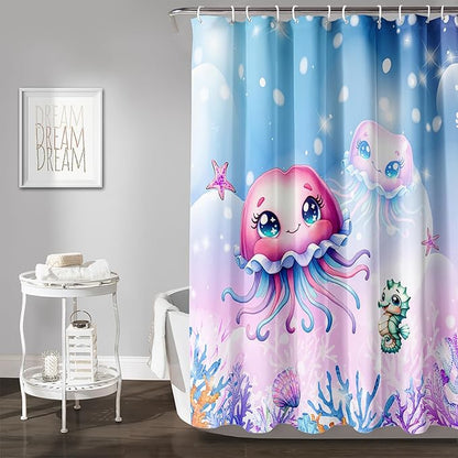 AILONEN Jellyfish Shower Curtain, Cute Jellyfish Starfish Seahorse Coral Pink Bath Curtain,Ocean Theme Shower Curtain 60" W*72" H Polyester Waterproof Bathroom Curtain with 12 Hooks