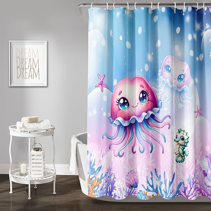 AILONEN Jellyfish Shower Curtain, Cute Jellyfish Starfish Seahorse Coral Pink Bath Curtain,Ocean Theme Shower Curtain 72" W*84" H Polyester Waterproof Bathroom Curtain with 12 Hooks