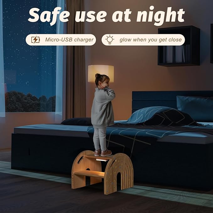 Rainbow Wooden Toddler Step Stool, Two-Step Stool for Bathroom, Kitchen and Potty Training,with Safety Non-Slip Pad, Handle and Auto Light(Natural)