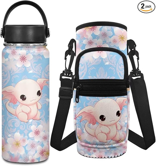 Axolotl Girls 20 OZ Water Bottles for School Cherry Blossom Stainless Steel Water Bottle 2 Pcs Water Bottle Holder Carrier Sling Water Bottle Pouch Sleeve