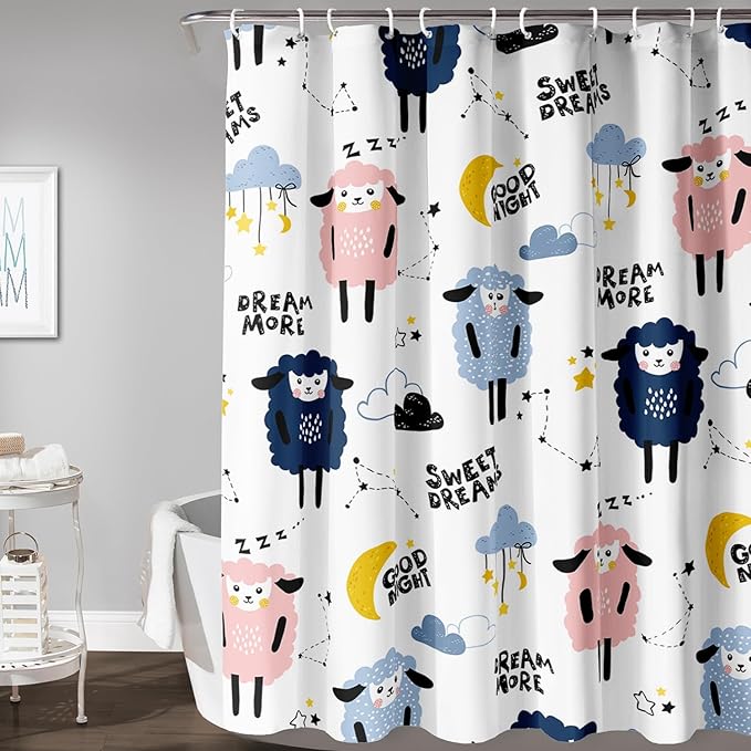 AILONEN Cute Sheep Shower Curtain for Bathroom,Constellation Star Clouds Printed Bath Curtain,Blue Pink Sheep Kids Curtain Waterproof with 2 Plastic Hooks 72" W*96" H