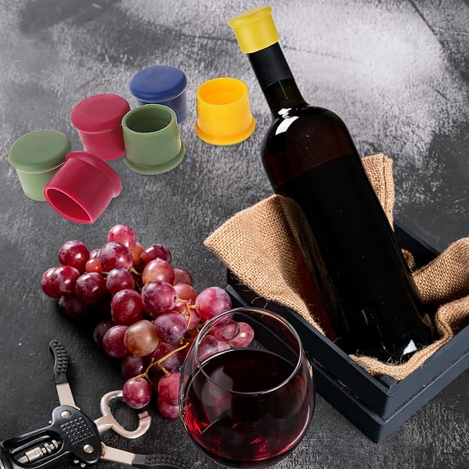 6PCS Wine Stoppers Reusable Silicone Wine Bottle Stopper Corks - Airtight Seal to Keep Fresh for Beverages, Beer, Champagne, Wine (Rose Red, Blue, Green, Yellow)