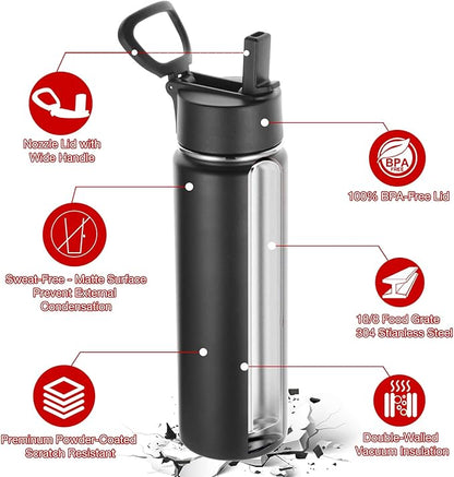 Volhoply 24oz Insulated Water Bottle With Straw Bulk 8 Pack,Metal Wide Mouth Water Bottles With Handle Lid Keep Cold,Reusable Double Wall Thermos,Powder Coated Sport Bottle For Holder(Black,8 Count)