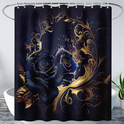 AILONEN Blue Rose Shower Curtain 72"W*84"H for Bathroom,Mystic Blue Gold Flower Glitter Rose Print Bath Curtain,Girls Women Teen Adults Bath Curtain Polyester Waterproof Shower Curtain With 12 Hooks