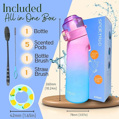 Air Water Bottle 650ml – Water Bottle With 5 Scented Pods, 0% Sugar BPA Free Cup with Bottle & Straw Brushes | Suitable for Outdoor | Sports | Gift Idea (New Gradient Pink/Blue + 5 Pods)