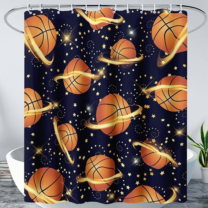 AILONEN Sports Basketball Shower Curtain for Bathroom, Space Planet Ball Print Bath Curtain,Yellow Star Basketball Kids Boys Bathroom Decor Waterproof 72" W*78" H Inch with 12 Plastic Hooks