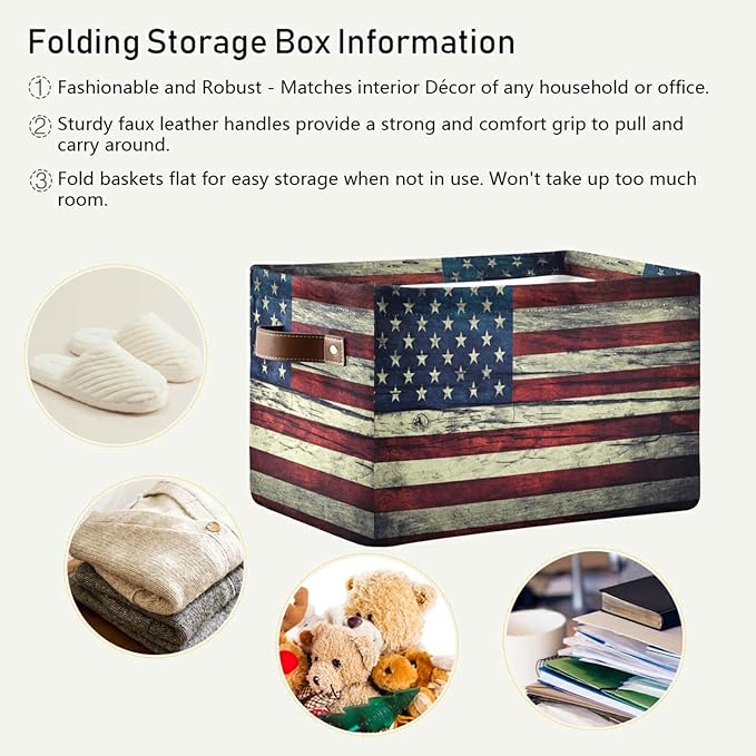 Retro American Flag Storage Basket Collapsible Storage Box with Leather Handles Rectangular Laundry Organizer 1 PC for Bathroom Clothes Kids Toys Nursery