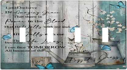 Vintage Teal Butterfly Inspirational Quotes Wood Plank Quad Toggle Light Switch Covers 4 Gang Wall Plate Decorative Switchplate Electrical Faceplate for Farmhouse Country Bedroom Kitchen Decor