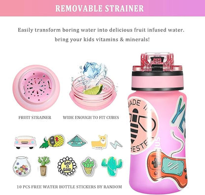 GOPPUS Kids Water Bottle with Straw Spout Lid 10pcs Stickers 12 oz Leak-proof BPA Free Motivational Time Marker Tritan Plastic Water Bottles for Girls Boys School Sports