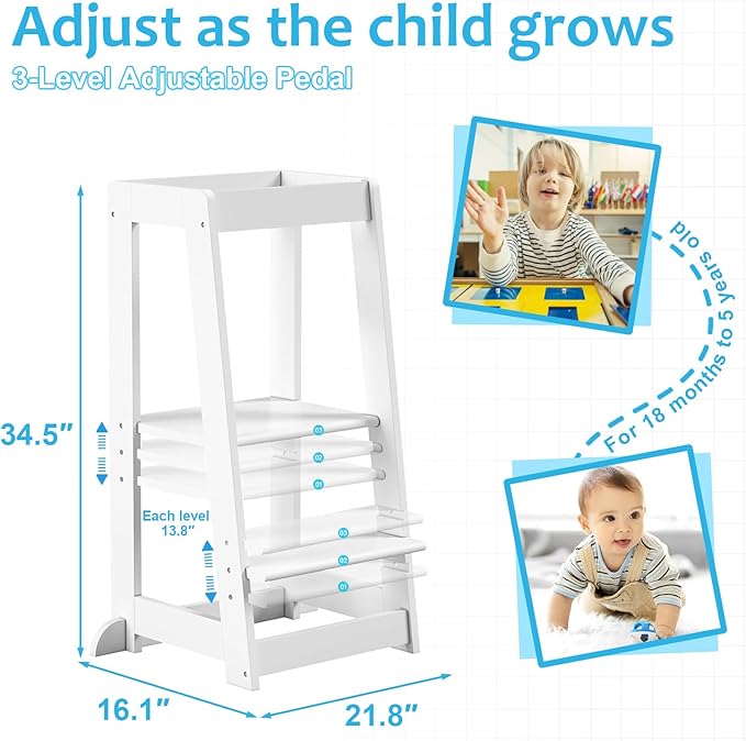Kids Kitchen Step Stool, Step Stool for Toddlers, Adjustable Height Toddler Standing Tower, Anti-Slip Protection with guardrail, The Anti-Tipping Structure is More Stable (White)