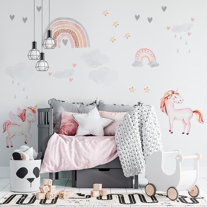Large Rainbow Wall Decals by Lipastick - 138 pcs Rainbow Wall Stickers - Unicorn Wall Decals for Kids Bedroom Room Nursery – Kids Wall Stickers Cloud Stars Ponies - Waterproof Wall Art Décor M Size