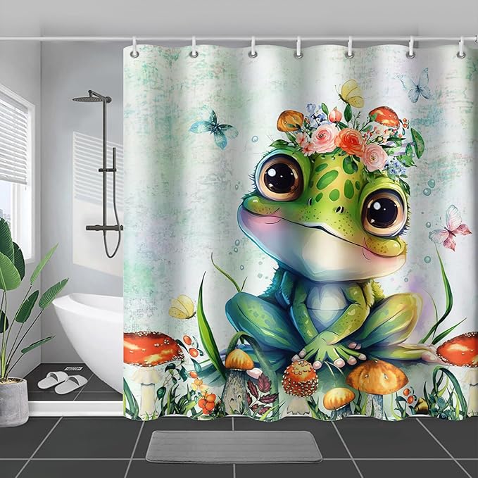 AILONEN Cute Frog Shower Curtain Cartoon Animal Wildlife Frog Cartoon Mushroom Minimalist Modern Art Retro Green Shower Curtain Bathroom Decor Curtains with 12 Hooks 48" W*72" H