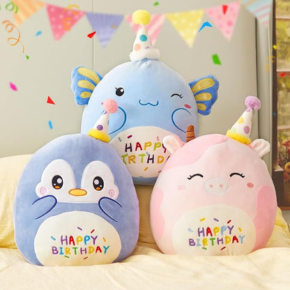 14“ Birthday Axolotl Plush Pillow,Blue Axolotl Stuffed Animal Soft Axolotl Plush Toy,Cute Plushie Doll Gifts for Kids & Birthday Party Decor