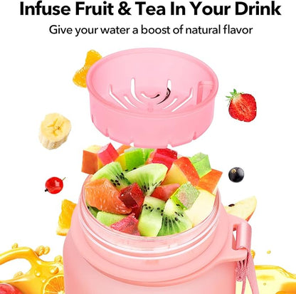 32oz Motivational Water Bottle with Time Marker & Fruit Strainer, Leak-proof BPA Free Non-Toxic Bottle with Carrying Strap, Perfect for Fitness, Gym and Outdoor Sports