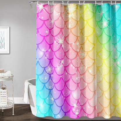 AILONEN Mermaid Scale Shower Curtain,Rainbow Mermaid Scale Bath Curtain Gifts for Girls,Polyester Waterproof for Bathroom with 12 Plastic Hooks 72" W*96" H