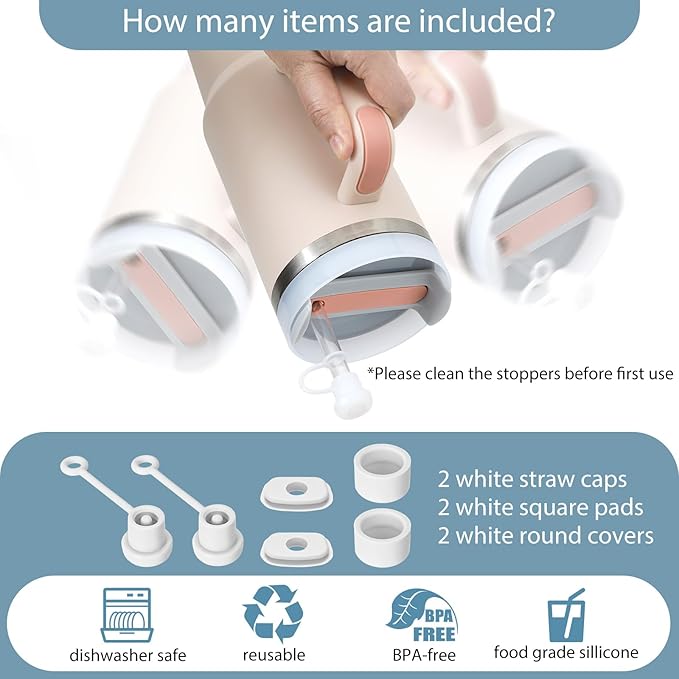 2 Set Spill Stoppers for Stanley Cup 20oz/30oz/40oz/64oz, Leak Proof Accessories for Stanley Tumbler with Straw Cap and Square Pad and Round Cover (White, 2)