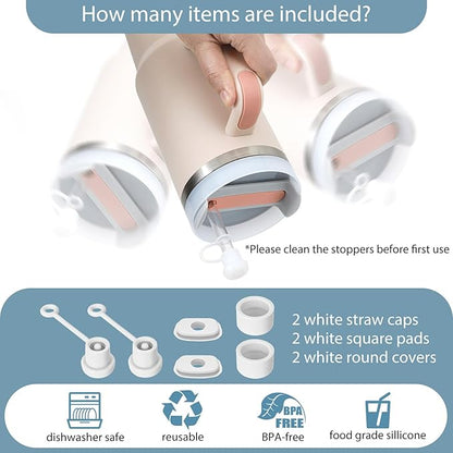 2 Set Spill Stoppers for Stanley Cup 20oz/30oz/40oz/64oz, Leak Proof Accessories for Stanley Tumbler with Straw Cap and Square Pad and Round Cover (White, 2)