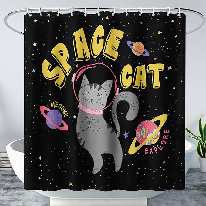 AILONEN Kawaii Cat Shower Curtains,Galaxy Aerospace Cat Bath Curtain for Bathroom,Outer Space Polyester Waterproof with 12 Plastic Hooks 72" W*72" H
