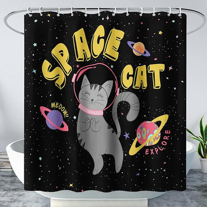 AILONEN Kawaii Cat Shower Curtains,Galaxy Aerospace Cat Bath Curtain for Bathroom,Outer Space Polyester Waterproof with 12 Plastic Hooks 60" W*72" H