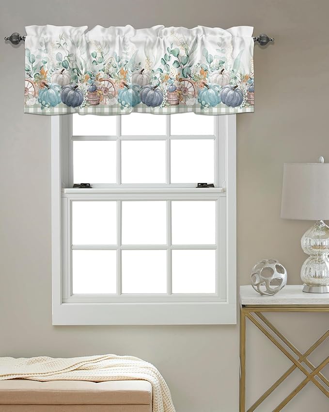 Fall Thanksgiving Kitchen Curtains Valances for Windows Navy Blue Pumpkins Green Eucalyptus Leaves Rod Pocket Window Treatment for Kitchen /Living Room/Bedroom/ Bathroom 54" X 18",Sage Farmhouse Plaid