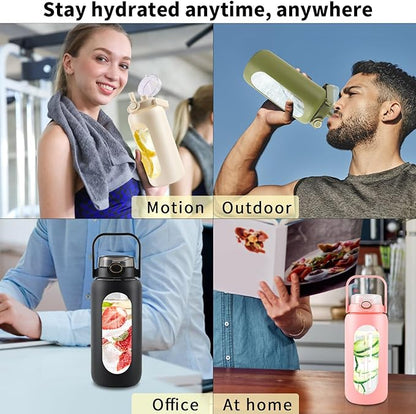 64oz Glass Water Bottle with Straw and Handle - Half Gallon Motivational Water Jug with Time Marker and Silicone Sleeve, Leak proof Wide Mouth Water Flask for Gym, Sports, and Daily Use (White)