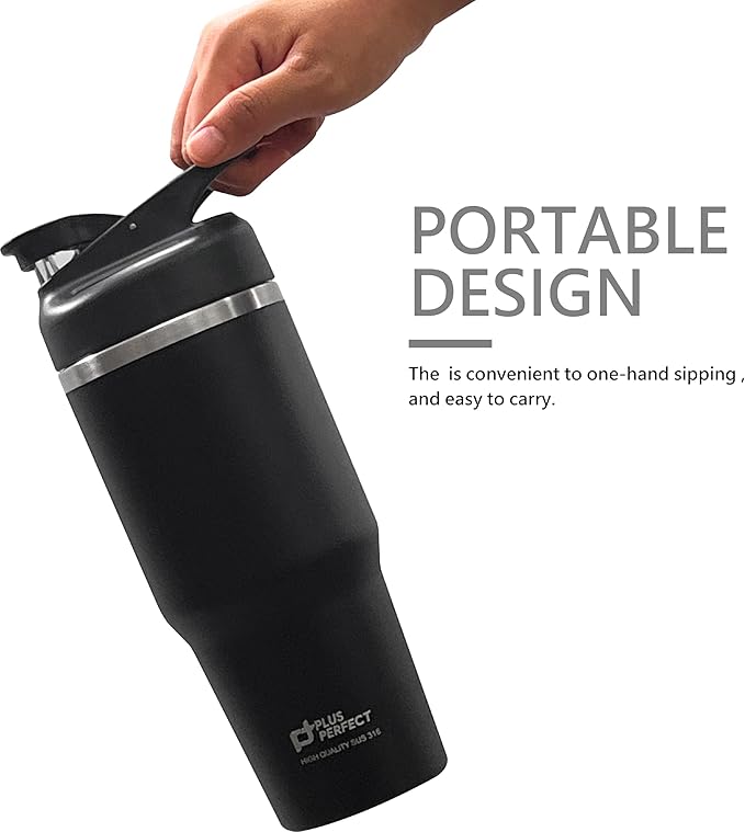 34 OZ 316 Stainless Steel Vacuum Insulated Travel Mug With Leak Proof Flip For Both Straw & Spout, Double Walled Seamless to Keep Hot And Cold, Black