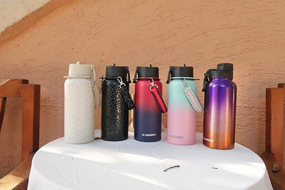 32 oz Insulated Water Bottle with Paracord Handles & Strap, 2 Lids(Straw Lid&Spout Lid), Stainless Steel Reusable Wide Mouth Metal Water Bottle With Straw, Double Walled, Thermo Mug（Tropical Fruit)