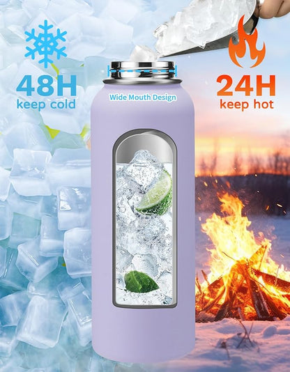 40 oz Water Bottle with Straw - Insulated Water Flask with Straw & Auto Spout Lid, Paracord Handle & Carrying Case, Keep Cold 48H Hot 24H Thermal Hydro, Metal Water Flask for Hiking Running