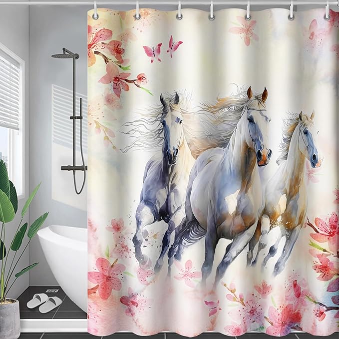 AILONEN Girls Flower Horse Shower Curtain for Bathroom,Galloping Horse Bath Curtain,Pink Watercolor Floral Horse Waterproof Curtain with 12 Plastic Hooks, 72" W*72" H