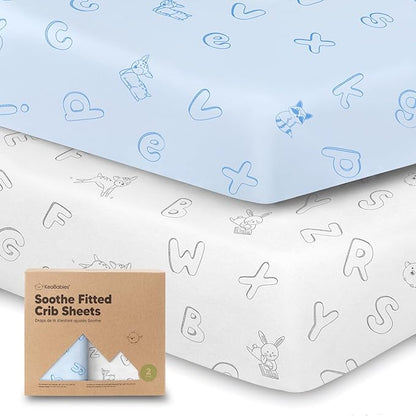 2-Pack Organic Crib Sheets for Boys, Girls - Jersey Fitted Crib Sheet, Baby Crib Sheets Neutral, Crib Mattress Sheet, Cotton Crib Sheets, Breathable Crib Sheet, Baby Mattress Sheets (ABC Land Sky)
