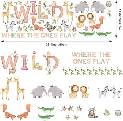 Safari Wall Decals for Kids Where The Wild Ones Play Peel and Stick Wallpaper 38pcs Giraffe Decor Zoo Animal Stickers Jungle Classroom Decal Fauna Forest Wall Murals for Classroom Playroom Nursery