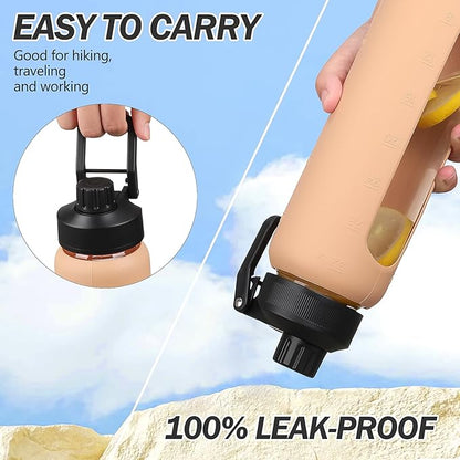 Glass Water Bottles with Straw -32oz- Water Bottle Phone Holder for Gym Large Motivational Water Bottle with Time Marker Glass Drinking Bottles 2 Lids - Spout & Bamboo Straw Lid(Amber)